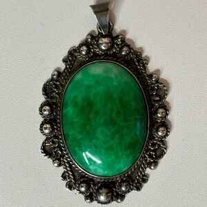 Vintage Large Signed Mexico Taxco Sterling Silver 925 Green Agate Stone